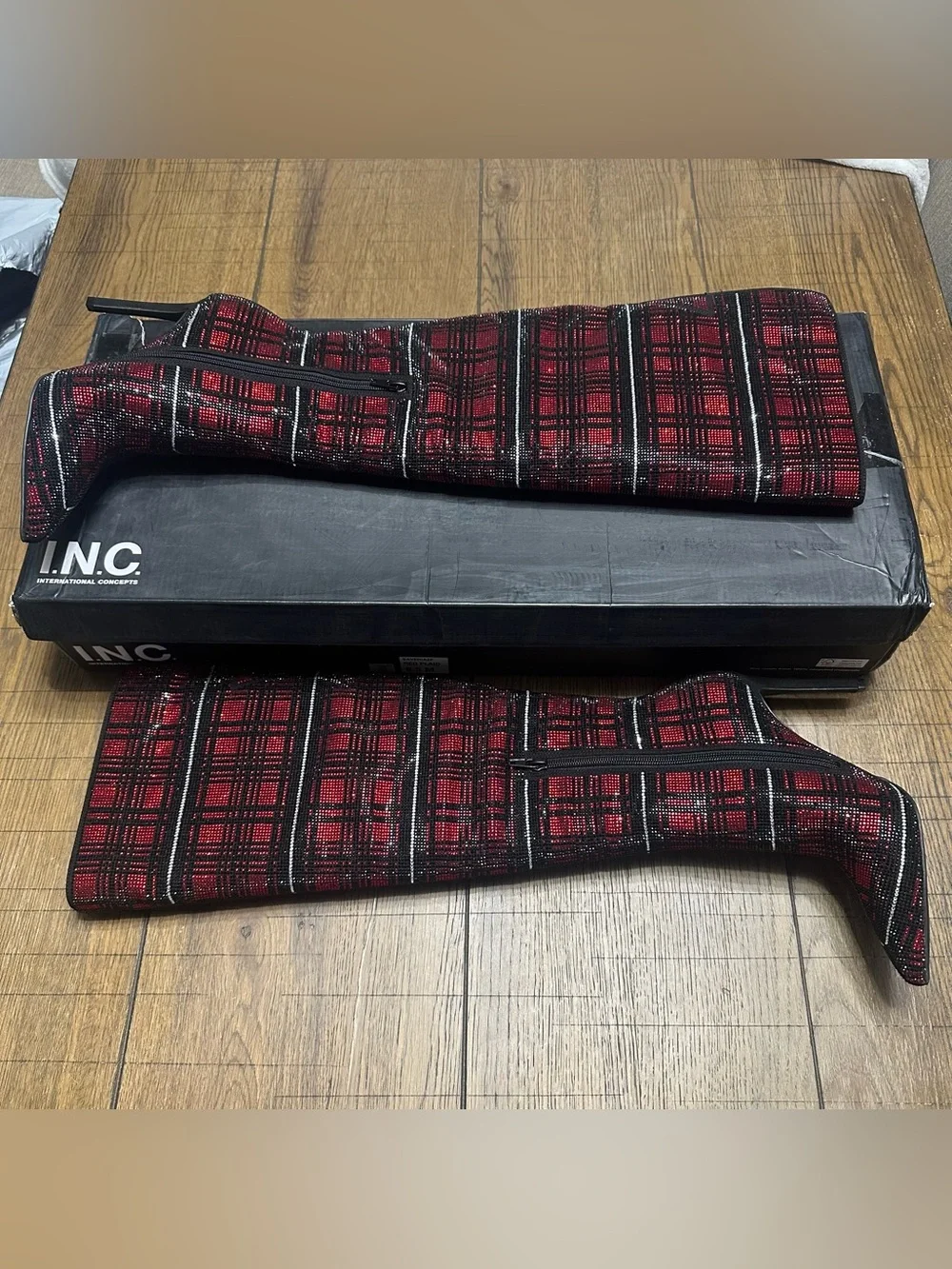 INC Saveria Red Plaid Rhinestone Over-The-Knee Stiletto Boots 6.5